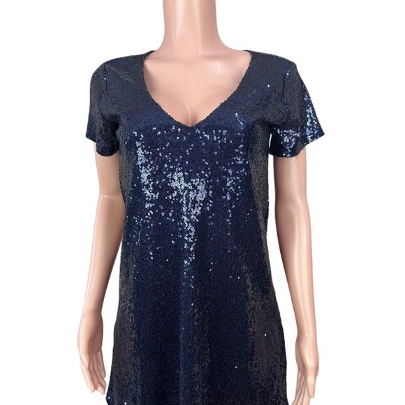 Lulus Navy Blue Sequin Short Sleeve V-Neck Shift Dress Women SZ XS - Picture 9 of 14